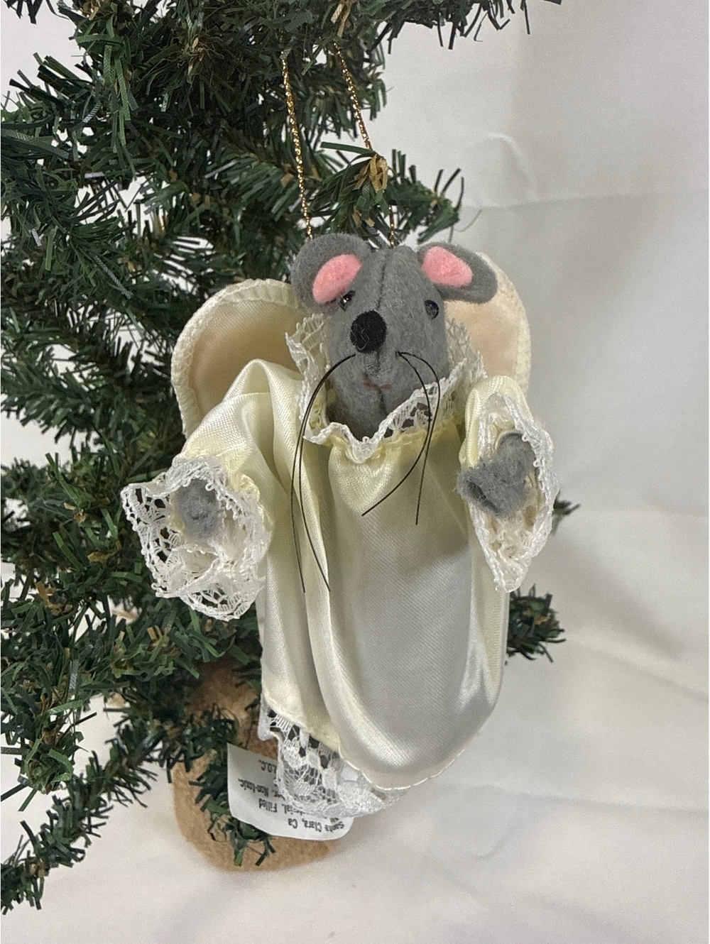 Joan's Mice and Friends Vintage Holiday Mouse Ornament in Ivory Satin Dress